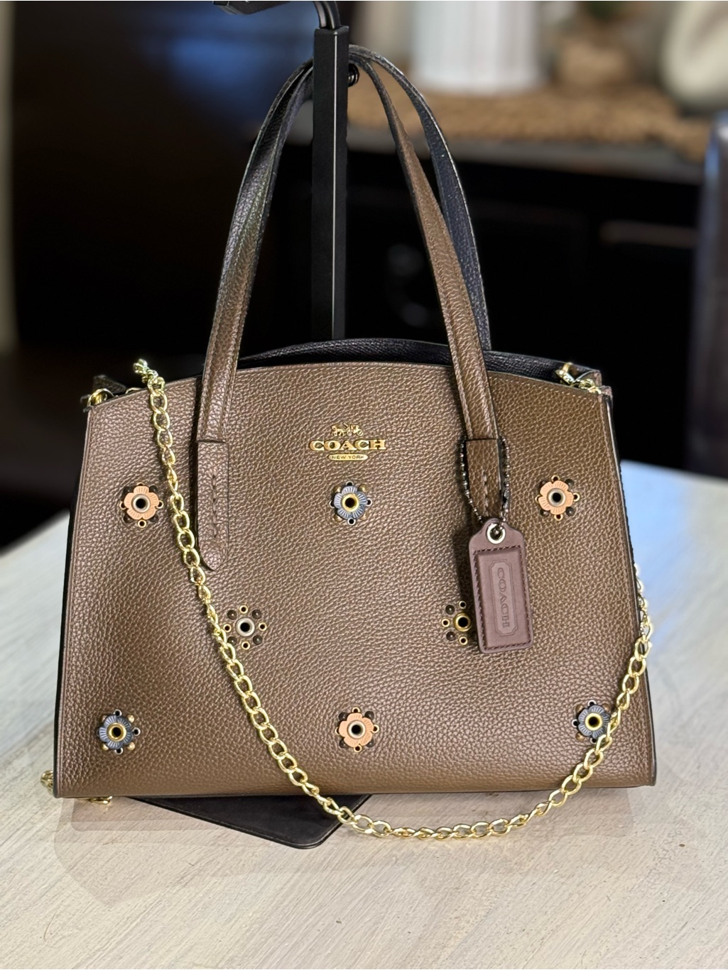 Rare Coach Charlie Pebbled Leather Satchel With Floral Grommets